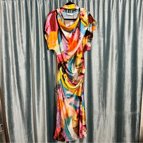 Abstract Watercolor Cowl-Neck Midi Dress - Multicolor - Picture 2 of 6
